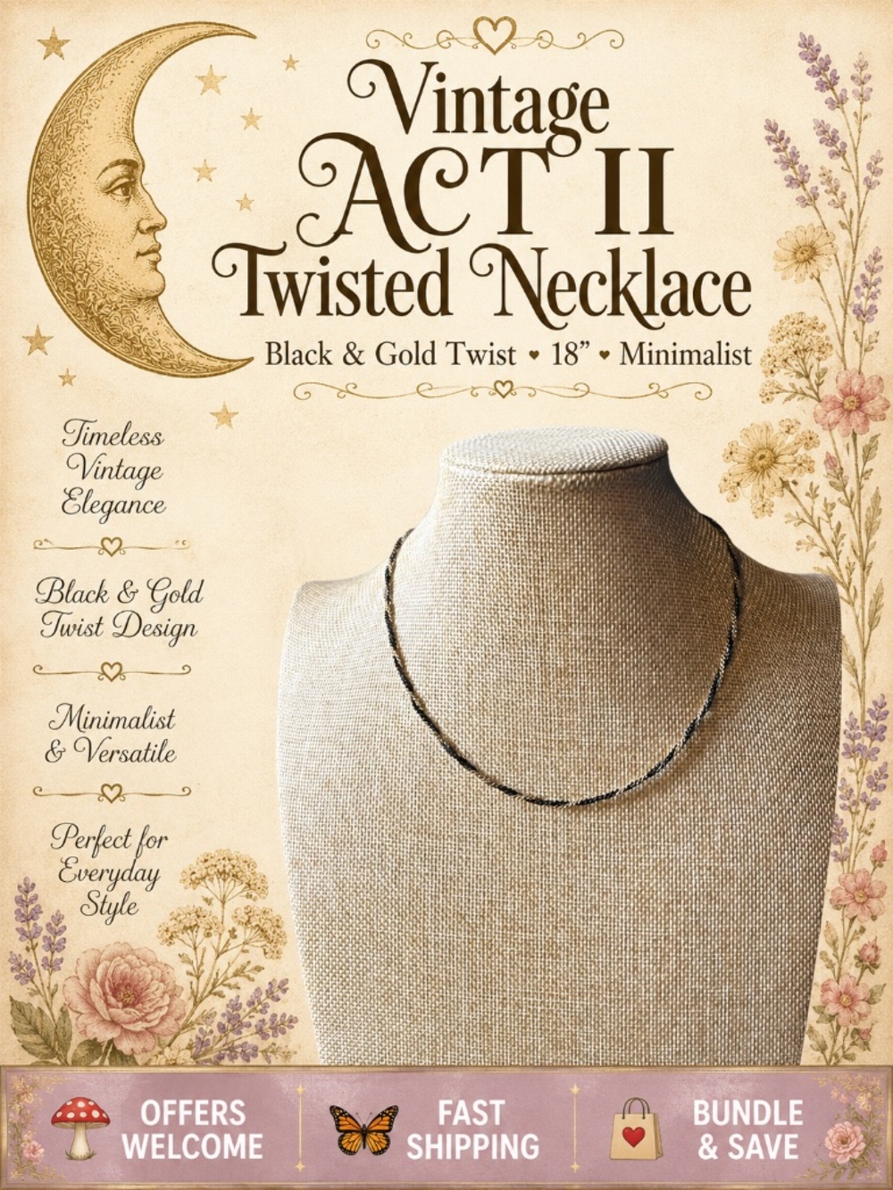Vintage ACT II Twisted Necklace Black & Gold Tone 18” Classic Minimalist